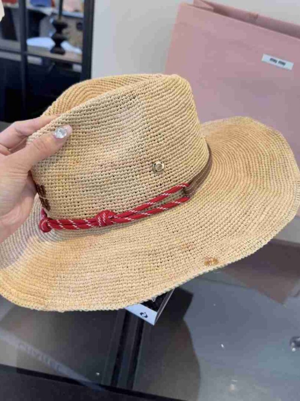 Miu Miu Wide Brim Western Sun Hat Woven Raffia Red Knot Band Resort Hat - Picture 5 of 8
